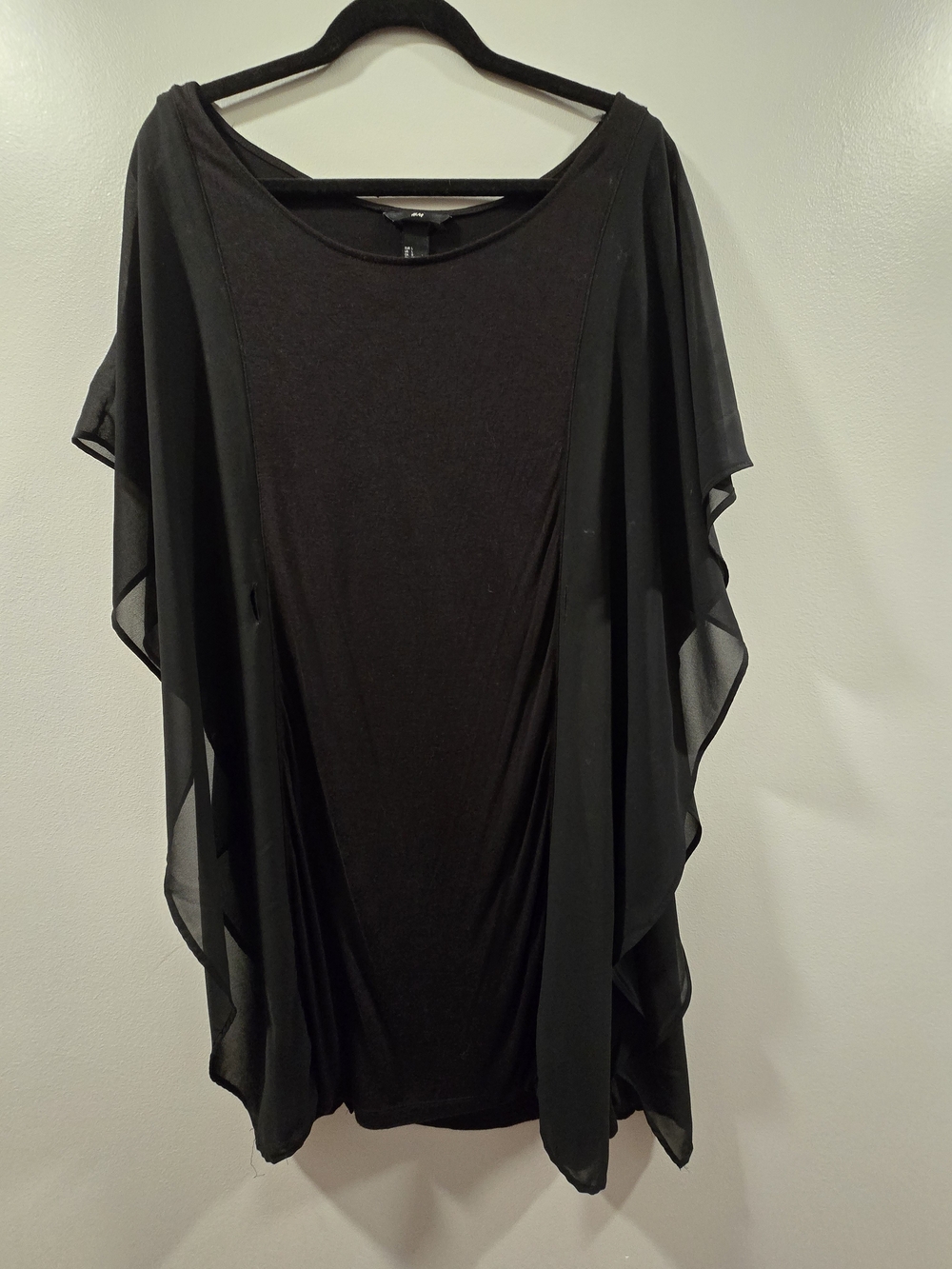 H&M Black Layered Tunic Top Sheer Chiffon Flutter Sleeve Large